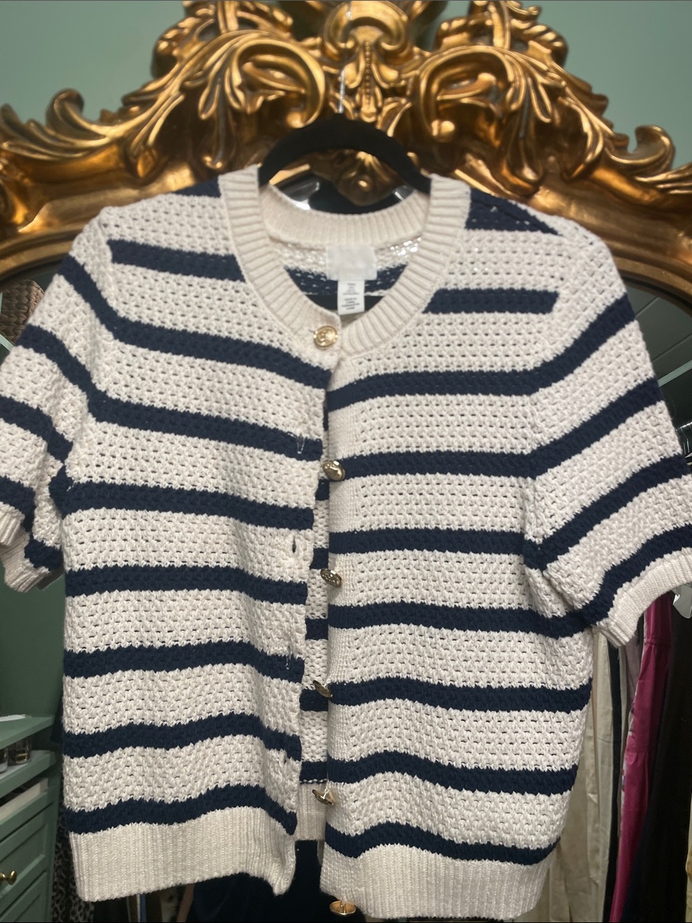 H&M Striped Short-Sleeve Knit Cardigan — cream & Navy